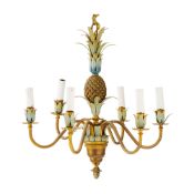 Lustre, XXe s., en métal patiné et doré, à décor d'un ananas et feuillages, h. 59 cm, diam. 56 cm