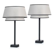 Paire de lampes Epilogon, édition AM.PM, pied en métal patiné, abat-jour double en toile, h. 64 cm
