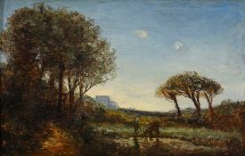 Ecole de Barbizon, Paysage animé, huile sur panneau, trace de signature, 19x29 cm