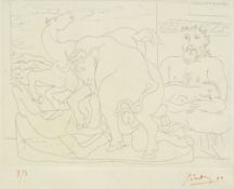 Pablo Picasso (1881-1973), "Le repos du sculpteur devant des chevaux et un taureau" ou "Sculpteur et