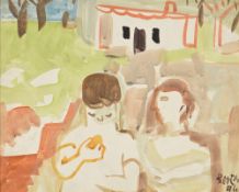 Francisco Borès (1898-1972), Couple au jardin, 1954, gouache sur papier marouflé sur toile, signée e
