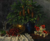 A. Davis (XIX-XX), Nature morte aux pommes de pin, cerises et bouquet, 1925, huile sur toile, signée