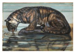 Paul Jouve (1878-1973), "Tigre lapant l'eau", après 1940 , huile, gouache et fusain sur papier contr