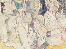 Ecole cubiste du XXe s., Personnages, encre et aquarelle sur papier contrecollé sur panneau, signée,