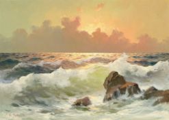Giuseppe Rossi (1876-1952), Marine au coucher de soleil, huile sur toile, signée, 50,5x70,5 cm