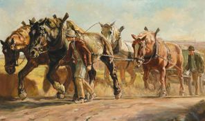 Julius Paul Junghanns (1876-1958), Paysans et chevaux de trait, huile sur toile, signée, 60x100 cm