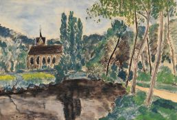 André Albert Marie Dunoyer de Segonzac (1884-1974), Chapelle au bord d'une rivière, aquarelle et enc