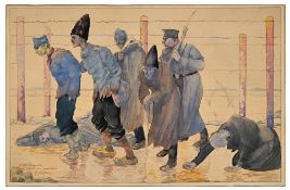 Maurice Jaubert de Becque (1878-1938), Prisonniers à Mannheim, 1917, aquarelle sur papier, signée, d