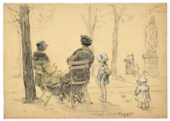 A. Flamort (XIX-XX), Scènes de parcs animées et personnages,, c.1915-1916, suite de 6 dessins, paste