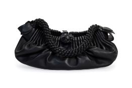 Bottega Veneta, sac Tote en cuir noir plissé, poignée tressé, 13x32 cm