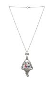 Collier fin XIXe s., or et argent noirci figurant un panier ajouré pavé de diamants taille ancienne