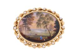 Broche XIXe s., ornée d'une peinture miniature sur émail représentant un paysage champêtre entourée