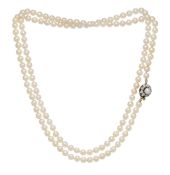 Collier 1 rang de perles de culture blanches, fermoir XIXe s. en or et argent serti de diamants tail