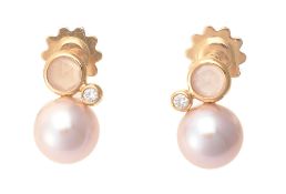 Mimi, paire de pendants d'oreilles or 750 sertis de quartz roses facettés et de diamants surmontant