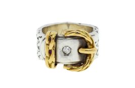 Hermès, bague ceinture or et argent serti d'un diamant taille ancienne, signée, doigt 57-17