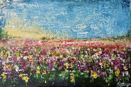 Œuvre d’art de Rana Hazboun Qushair : « Champs de joie », 120x80cm Dimensions : 120 × 80 cm Tech