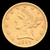 USA, 5 dollars "Liberty Head" en or, 1897, Philadelphie, diam. 2,16 cm, 8,33 g.