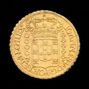 Brésil, João V (1724-1750), 10.000 reis en or, 1727, Minas Gerais, tranche feuillagée, diam. 3,3 cm,