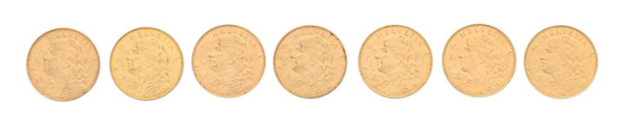 Confédération Helvétique, verticale de 7 vreneli de 10 francs : 1911 / 1912 / 1913 / 1914 / 1915 / 1