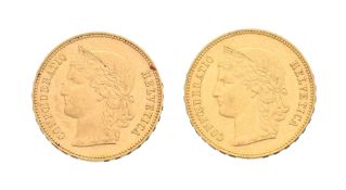 Confédération Helvétique, 2 pièces de 20 francs or type Helvetia, 1895 et 1896, tranches inscrites e