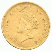 USA, 1 dollar "Little Indian Head" en or, 1854, Philadelphie, diam. 1,5 cm, 1,65 g.