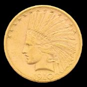 USA, 10 dollars or 1910 "Indian Head", Denver, avec devise, diam. 2,7 cm, 16,69 g.
