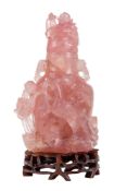 Vase couvert en quartz rose, Chine, à décor en relief dit "cailles et millet", avec socle (non solid