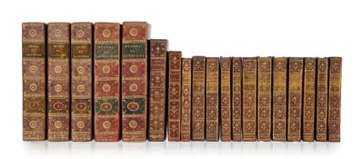 \[RELIURES DU XVIIIe s.\] 7 ouvrages en 19 vol. du XVIIIe s. reliés plein maroquin rouge de l'époque