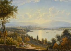 Grundmann (c. 1758-c.1830), "Vue de la ville de Genève, prise à Cologny", aquatinte rehaussée, publi