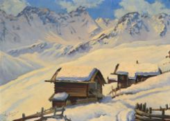 Joseph Egger (1898-1969), Chalets sous la neige, 1928, huile sur toile, signée et datée, 56,5x79 cm