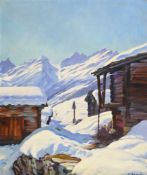 Karl Anneler (1886-1957), Raccards sous la neige, huile sur toile, signée, 56x46 cm