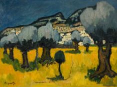 Georges Borgeaud (1914-1998), "Les oliviers de l'Elounda, Crête", 1970-71, huile sur toile, signée e