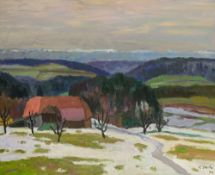 Leo Deck (1908-1997), Paysage de fin d'hiver, 1970, huile sur panneau, signée et datée, annotations