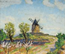 François Gos (1880-1975), Moulin en Provence, huile sur toile, signée, 54,5x65,5 cm Au verso: Tra