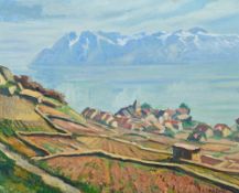 Ric Berger (1894-1994), Vue lacustre depuis Grandvaux, 1953, huile sur toile marouflée sur carton, s