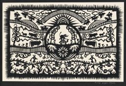 Nicole Dayen Schutz, Animaux dans leur élément, découpage, signé, 14x21,5 cm Au verso: Étiquette de