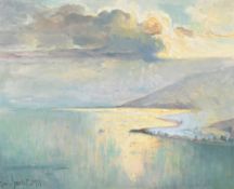 Louis Amédée Baudit (1870-1960), "La baie de Clarens depuis Glyon et l'ile Chartran", 1953, huile su