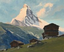Charles Henry Contencin (1898-1955), Chalets au pied du Cervin, huile sur panneau, signée, 38,5x46 c