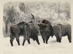 Robert Hainard (1906-1999), "Bisons dans la tourmente de neige", 8 mars 1956, bois gravé, signé, dat