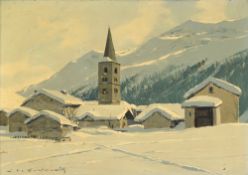 Charles Henry Contencin (1898-1955), "Val d'Isère en hiver", huile sur panneau, signée, 32,5x46 cm