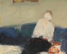 François Gay (1940), "La femme aux coussins bleus", 1970-71, huile sur toile, signée, contresignée,