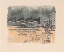 Robert Hainard (1906-1999), "Jeunes sarcelles d'été à l'aurore", 13 juillet 1966, bois gravé, signé,