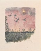 Robert Hainard (1906-1999), "Cinq canards et la lune", 21 août 1972, bois gravé, signé, daté et situ