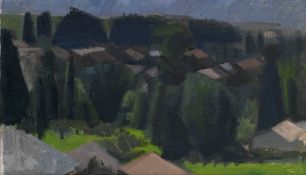Albert Chavaz (1907-1990), Les toits de Savièse, 1964, huile sur toile, signée et datée, 32x54 cm