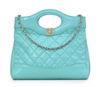 Chanel, sac 31 Mini Tote en cuir brillant turquoise, double bandoulière en cuir simple et à chaînett