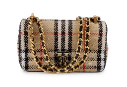 Burberry, sac mini Lola en tweed avec finitions en cuir noir, rabat avec fermoir TB, longue bandouli