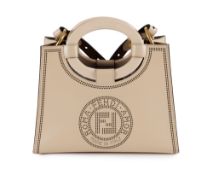 Fendi, sac Runaway Shopping Tote en cuir beige perforée Fendi Roma, poignées en plexi, bandoulière,