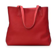 Hermès, sac Double Sens en cuir Clémence rouge et corail, piqué sellier blanc, housse, 32x35 cm