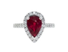Bague or gris 750 sertie d'un rubis birman taille poire de 2.069 carats, chauffé, selon le rapport B