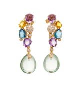 Bucherer, paire de pendants d'oreilles or rose 750 sertis de gouttes d'améthyste, de topaze, de citr